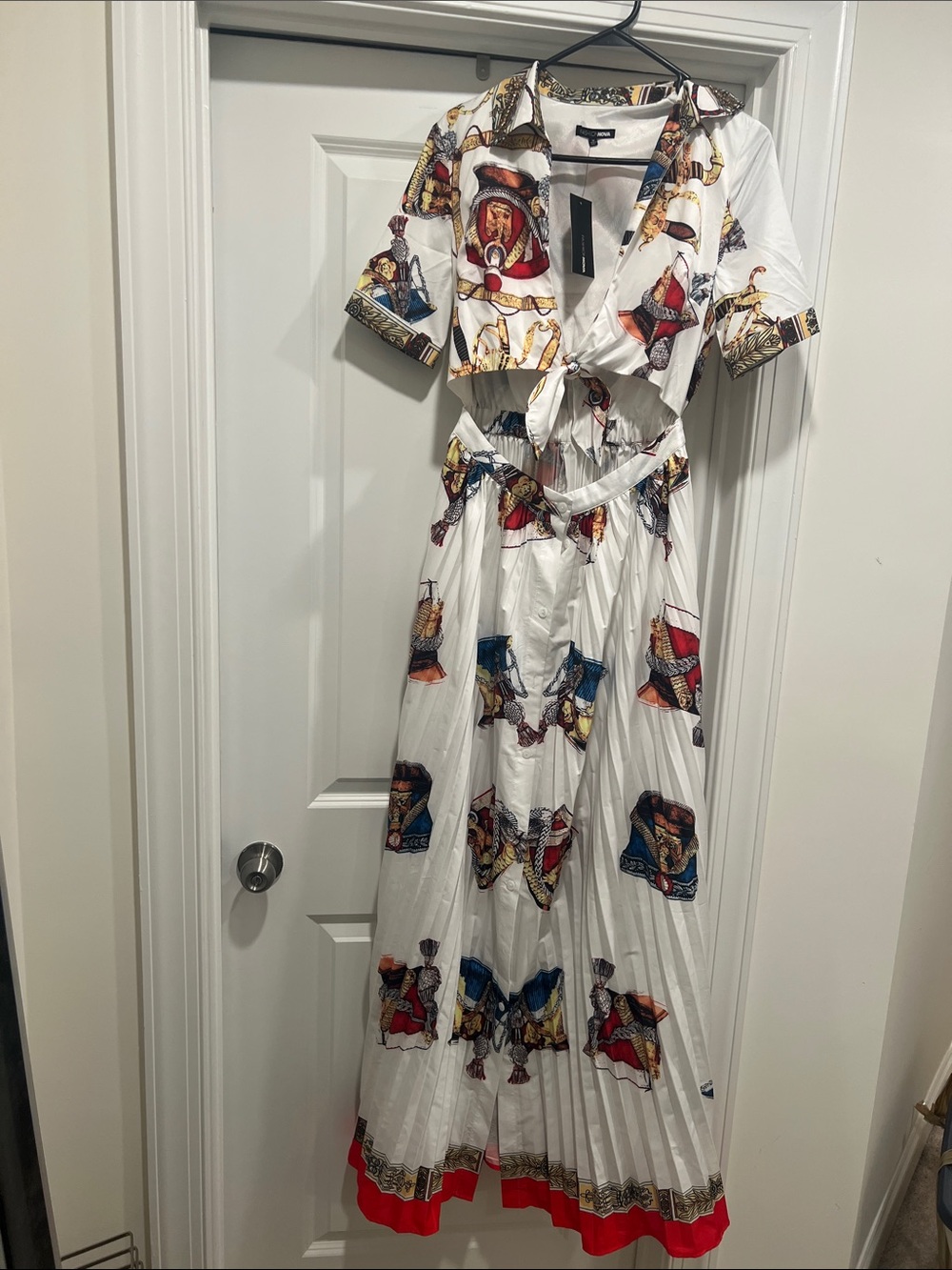 White Printed Tie-Front Maxi Dress with Red Trim